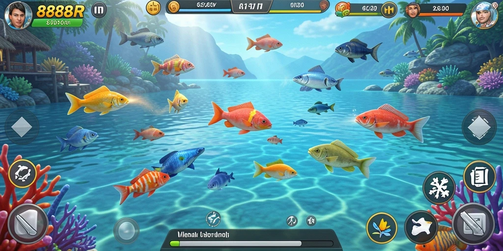 Screenshot utama 888R menampilkan gameplay seru Tembak Ikan.