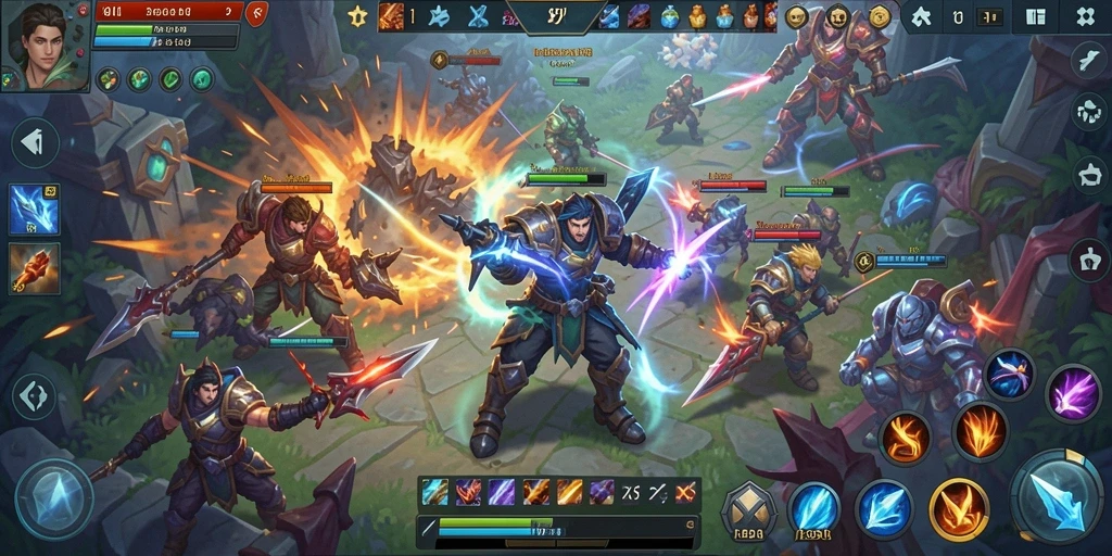 Screenshot gameplay 8II menampilkan pertempuran epik antara dua tim.