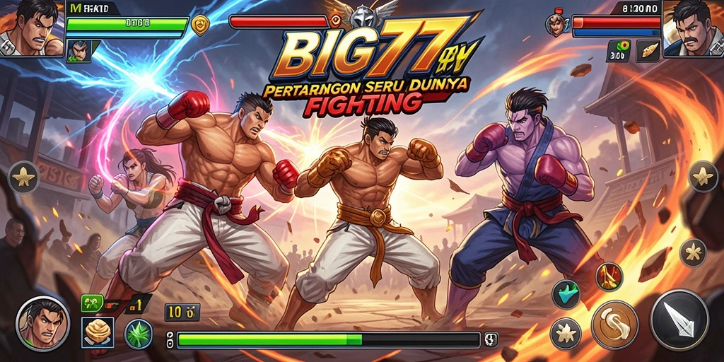 Tampilan gameplay <strong>BIG77</strong> saat pertarungan intens dengan karakter yang beraksi.