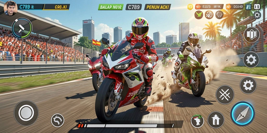 Screenshot gameplay C789 menunjukkan balapan motor yang mendebarkan dan penuh aksi.