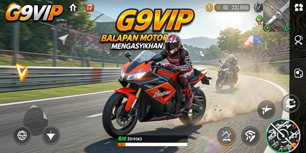 Screenshot G9VIP menampilkan aksi balapan motor yang intens.