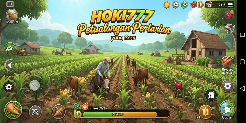 Tampilan gameplay HOKI777 dengan ladang yang subur dan tanaman yang tumbuh.