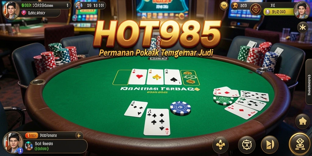 Screenshot gameplay HOT985 dengan pemain poker yang bersemangat.