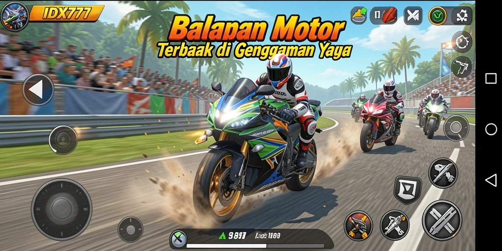 Tampilan utama gameplay IDX777 yang penuh aksi dan kecepatan balap motor.