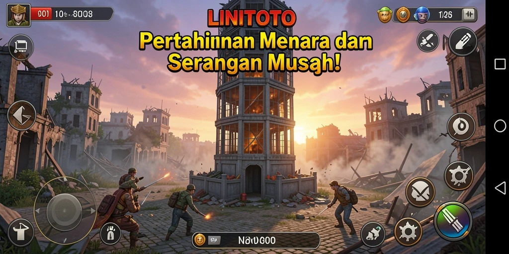 Tampilan gameplay LINITOTO yang mendebarkan saat mempertahankan menara dari serangan musuh.