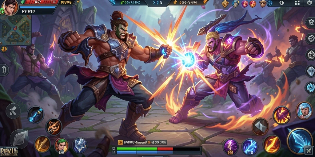 Screenshot gameplay PPV99 menunjukkan aksi pertempuran yang mendebarkan dalam MOBA.